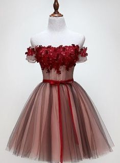 Red Homecoming Dress, Off Shoulder Tulle, Dress With Applique, Party Dress Red, Dama Dresses, Red Homecoming Dresses, Color Rush, Quince Dresses, Hoco Dresses