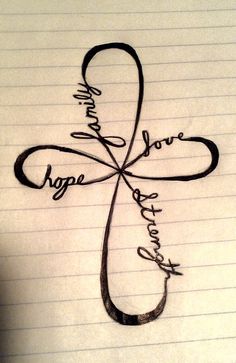 a handwritten cross with the words hope and love on it