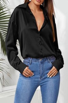 Evening plans??? This is the perfect blouse. Classic Black Satin Blouse Button Down Polyester Other colors available Black Satin Blouse, Party Blouse, Perfect Blouse, Blouse Tops, Elegant Shirt, Solid Tops, Black Satin, Black Blouse