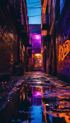 an alleyway with graffiti on the walls and puddles of water in the foreground