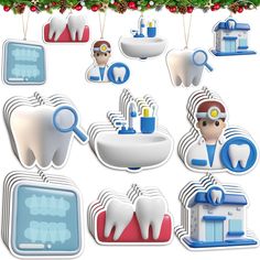 a set of dental icons including toothbrushes, teethpaste and christmas decorations