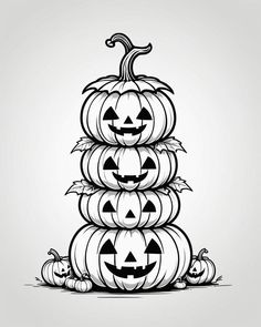 a stack of pumpkins with jack - o'- lanterns on them, all in black and white