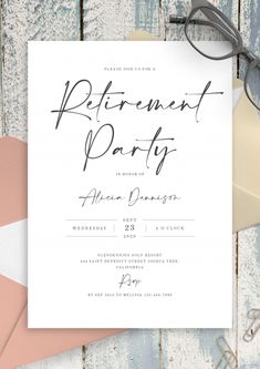 a white and black retirement party card with the words retirement party on it next to an envelope