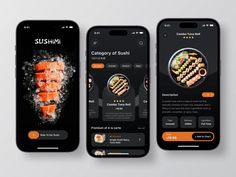 three smartphones displaying sushi app designs