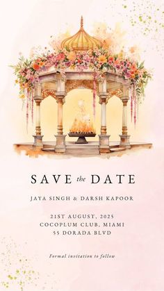 the save the date card is shown with an image of a gazebo and flowers