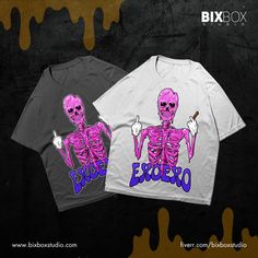 two t - shirts with the same skeleton on them, one in purple and one in black