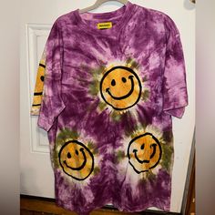 Brand New With Tags, Smiley Face, It’s A Men’s But Can Be Unisex, Oversized Fun Yellow Crew Neck Shirt, Casual Oversized T-shirt From Urban Outfitters, Urban Outfitters Oversized Casual T-shirt, Fun Yellow Summer Shirt, Casual Purple Screen Print Shirt, Casual Multicolor Tops From Urban Outfitters, Fun Yellow Shirt For Spring, Urban Outfitters Yellow Cotton Top, Oversized Yellow Cotton Shirt