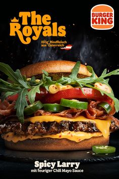 an advertisement for burger king featuring the royal's spicy larvy cheeseburger