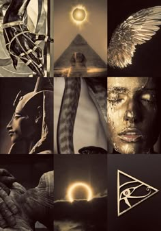 a collage of photos with different images and symbols on them, including an eye in the center