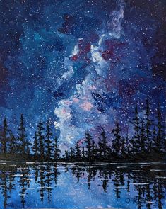 an acrylic painting of the night sky with stars and trees reflected in water