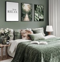 a bedroom with green walls and pictures on the wall