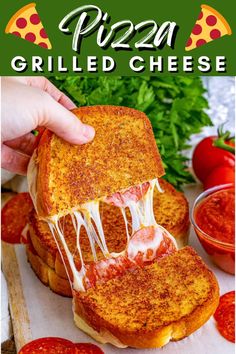 a grilled cheese sandwich is being held up by someone's hand, with tomatoes and parsley in the background