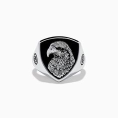 Men's Sterling Silver Onyx Eagle Ring Black Symbolic Signet Ring With Polished Finish, Modern Black Engraved Rings, Black Symbolic Signet Ring, Symbolic Black Sterling Silver Engraved Ring, Symbolic Black Engraved Sterling Silver Ring, Symbolic Black Round Signet Ring, Eagle Ring, Gem Diamonds, Effy Jewelry