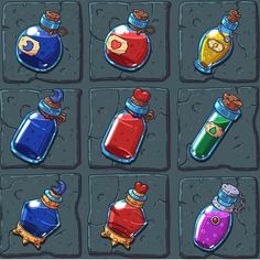 cartoon bottles with different colors and shapes on the bottom one has a ring in it's mouth