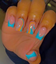 Cute Blue Short Acrylic Nails, Short Acrylic Nails Blue Design, Nails Acrylic Short Square Blue, Dope Short Nail Designs Blue, Miami Dolphin Nails, Miami Dolphins Nails, Finding Nemo Acrylic Nails, Dolphin Nails, Cruise Nails