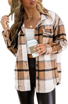 AUTOMET Womens Casual Plaid Shacket Button Down Long Sleeve Shirt at Amazon Women’s Clothing store Autumn Fashion Women Fall Outfits, Cozy Clothes, Womens Jackets Casual, Plaid Shirts, Flannel Women, Flannel Jacket, Long Sleeve Flannel, Plaid Jacket, Fall Jackets