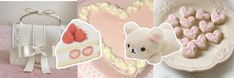 a collage of photos with teddy bears, cakes and other items on them including a keychain