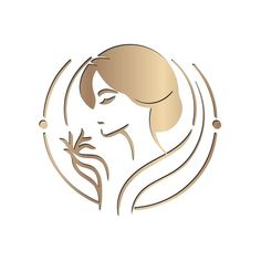 a woman's face with long hair and a flower in her hand logo design