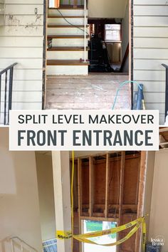 split level makeover from entrance to second floor with tape taped around the doorway and stairs