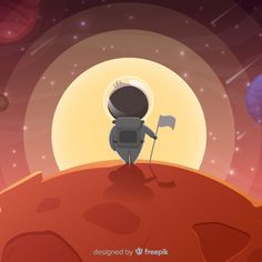 an astronaut standing on top of a red planet with a flag in his hand and the moon behind him