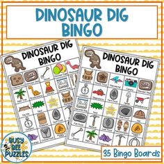 the dinosaur dig bingo game is shown in two different colors and font, with an image of