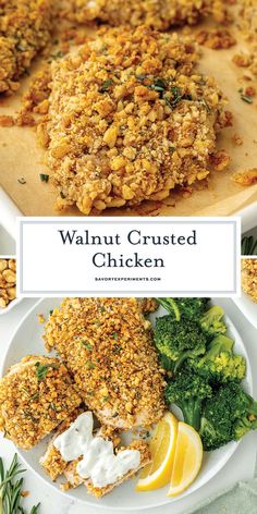 Walnut Crusted Chicken - Crispy Oven Baked Chicken - Walnut Crusted Chicken is a deliciously healthy, crunchy chicken with a cool dipping sauce! Made with chopped walnuts, panko bread crumbs, and rosemary! #walnutcrustedchicken Asian Steak Bites, Creamy Pasta Bake, Chicken Lunch Recipes, Crispy Oven Baked Chicken, Easy Dessert Ideas, Fried Chicken Tenders, Healthy Baked Chicken, Favorite Recipes Chicken, Yummy Seafood