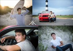 four different shots of a young man posing in front of a red car and lighthouse