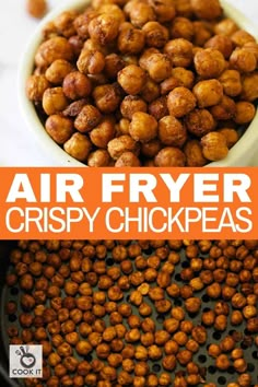 air fryer crispy chickpeas in a white bowl with text overlay