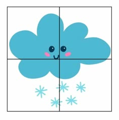 a blue cloud with snowflakes on it's face and four squares in the middle