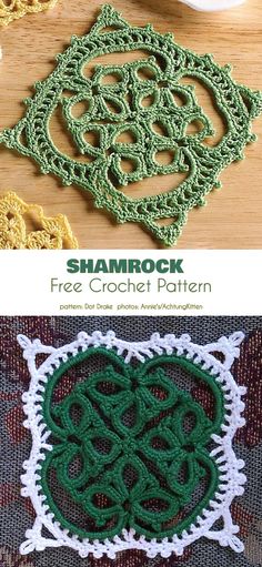 crocheted doily with the words shamrock on it and an image of two pictures of