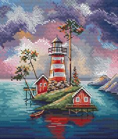 a painting of a lighthouse on top of a small island