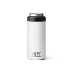 a white yeti can with the word yeti on it and a black lid