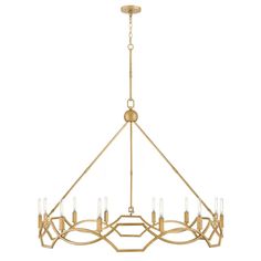 a gold chandelier with six lights hanging from the bottom and one light in the middle