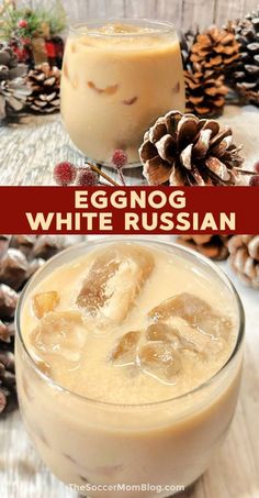 eggnog white russian drink in a glass with ice and pine cones on the side