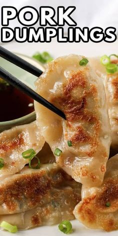 pork dumplings on a plate with chopsticks