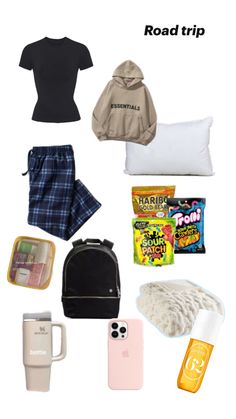 the contents of a travel bag are arranged on a white background with text that reads road trip