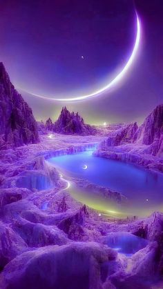 an alien landscape with mountains, lakes and planets in the sky at night or sunrise