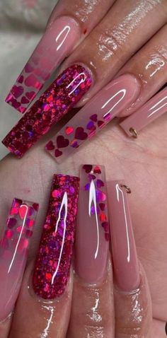 Valentine Long Nails Designs, Valentines Nails Heart Glitter, Valentine’s Day Coffin Acrylic Nails, Red Nail Valentines Day, Gel Polish Heart Design, French Tip Valentines Day Nails Coffin, Valentines Day Nails With Glitter, Valentine’s Day Encapsulated Nails, Valentines Nails Encapsulated