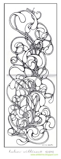 a drawing of an abstract design with swirls and hearts in black ink on white paper