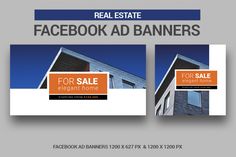 two real estate facebook banners with the words for sale and an image of a house