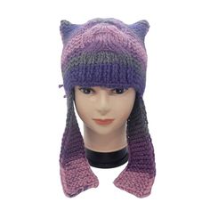 New Women's Hand Knitted Hat With Cat Ears Efect Multicolor Very Soft And Warm Quality Beautiful Hand Knitted Hats For Women. Perfect Finishes With Excellent Quality Yarns. Perfect For Cold Climates. Size One Size Length 8 In Wide 15 In Dry Clean Only Color Multi Condition Is New Additional Specifications Please See Pictures Adjustable Purple Beanie For Winter, Hand Knitted Purple Hat One Size, Hand Knitted One Size Purple Hats, Hand Knitted Purple Hat, Hand-knitted One Size Purple Hat, Purple Hand Knitted Crochet Cap, Purple Hand-knitted Crochet Cap, Purple Whimsical Winter Hat, Whimsical Purple Winter Hat