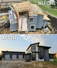 before and after photos of a house being built in the middle of an open field