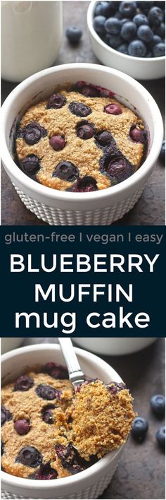 blueberry muffin in a white baking dish with fresh blueberries on the side