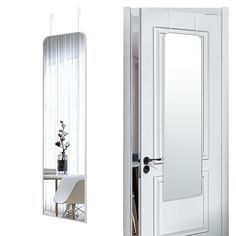 an open white door with a mirror on the wall next to it and a chair