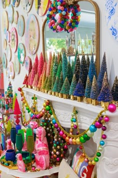 a room filled with lots of colorful christmas decorations