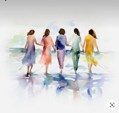 watercolor painting of four women walking on the beach with their dogs and holding hands