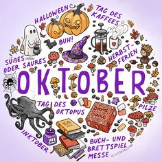 the words october are written in a circle surrounded by halloween related items and books on purple background