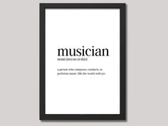 a black framed poster with the words musician on it