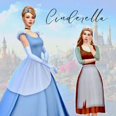 two women in dresses standing next to each other with the words cinderella written on them