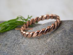 a close up of a ring sitting on top of a rock next to a plant